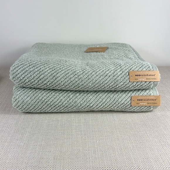 Ecoexistence Bath Towel Set Green Textured Zero Twist Loops Set of 2 NEW - Picture 1 of 11